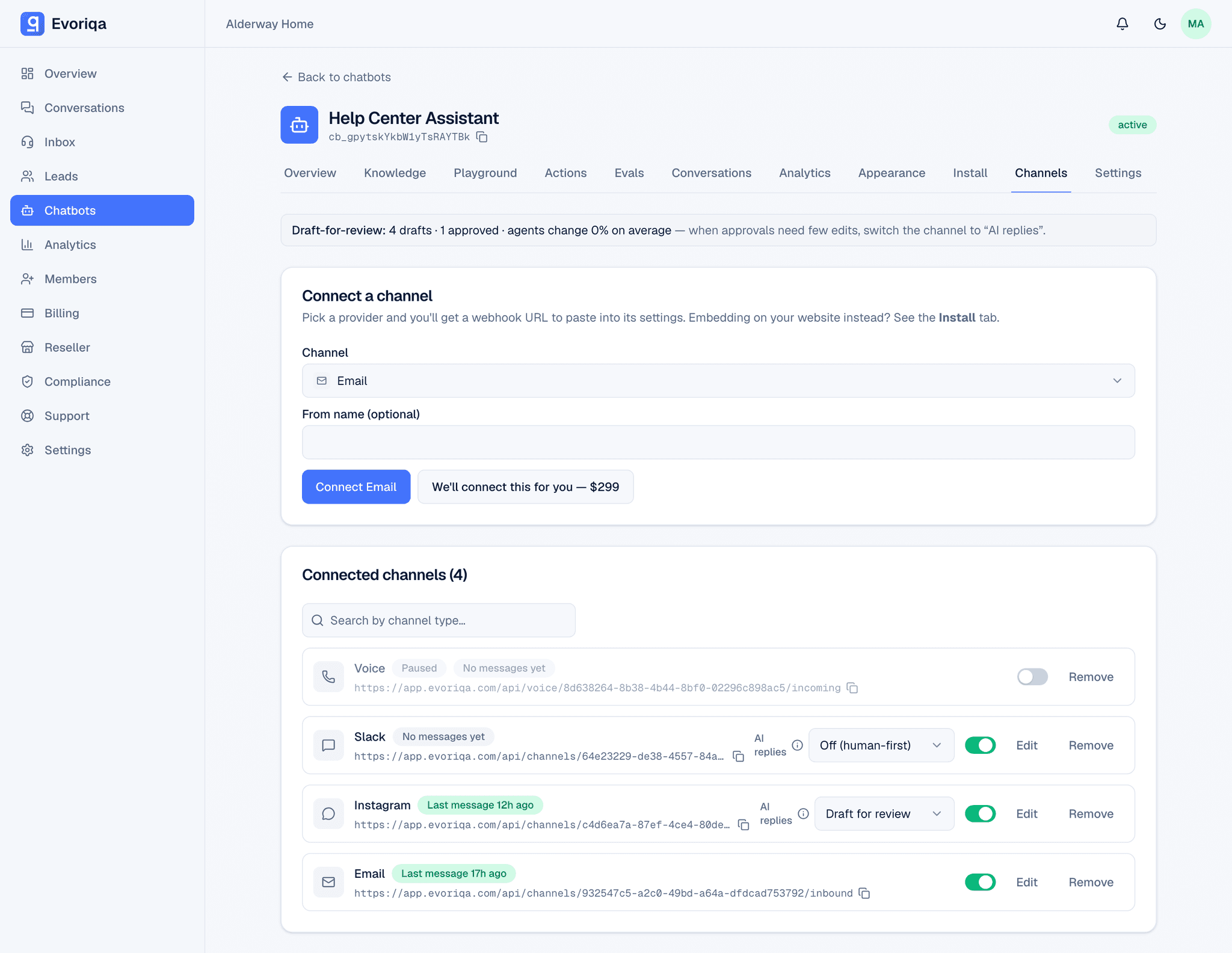 One bot, every channel in the Evoriqa dashboard