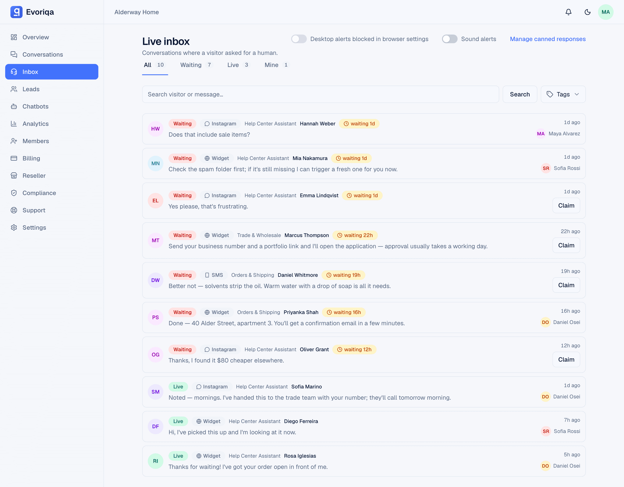 Evoriqa unified inbox with website, WhatsApp, and Instagram conversations in one thread