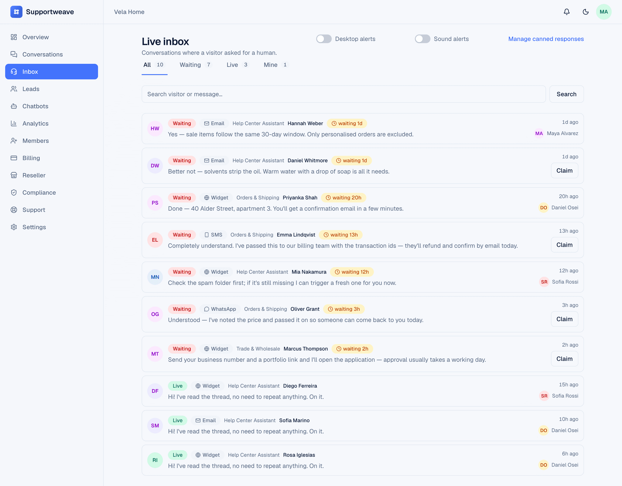 Evoriqa unified inbox with website, WhatsApp, and Instagram conversations in one thread