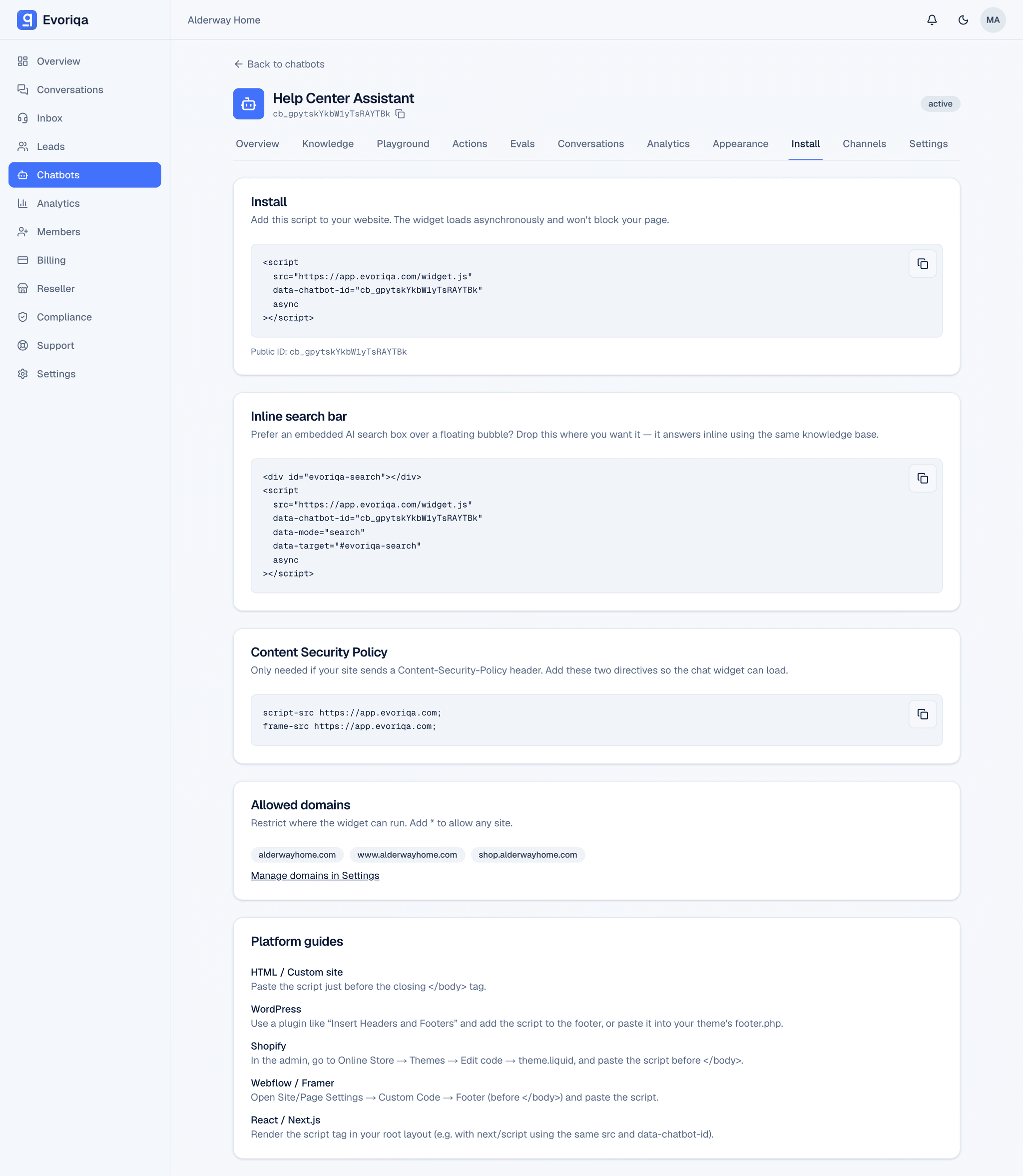 The Evoriqa Install tab showing the copy-paste embed snippet and inline search variant