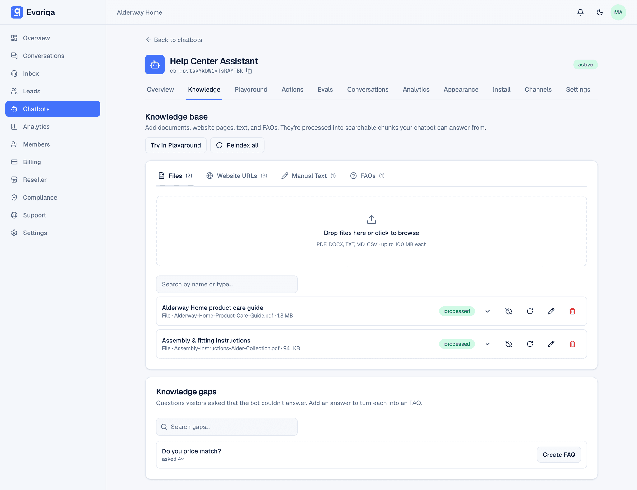Trained on your knowledge in the Evoriqa dashboard