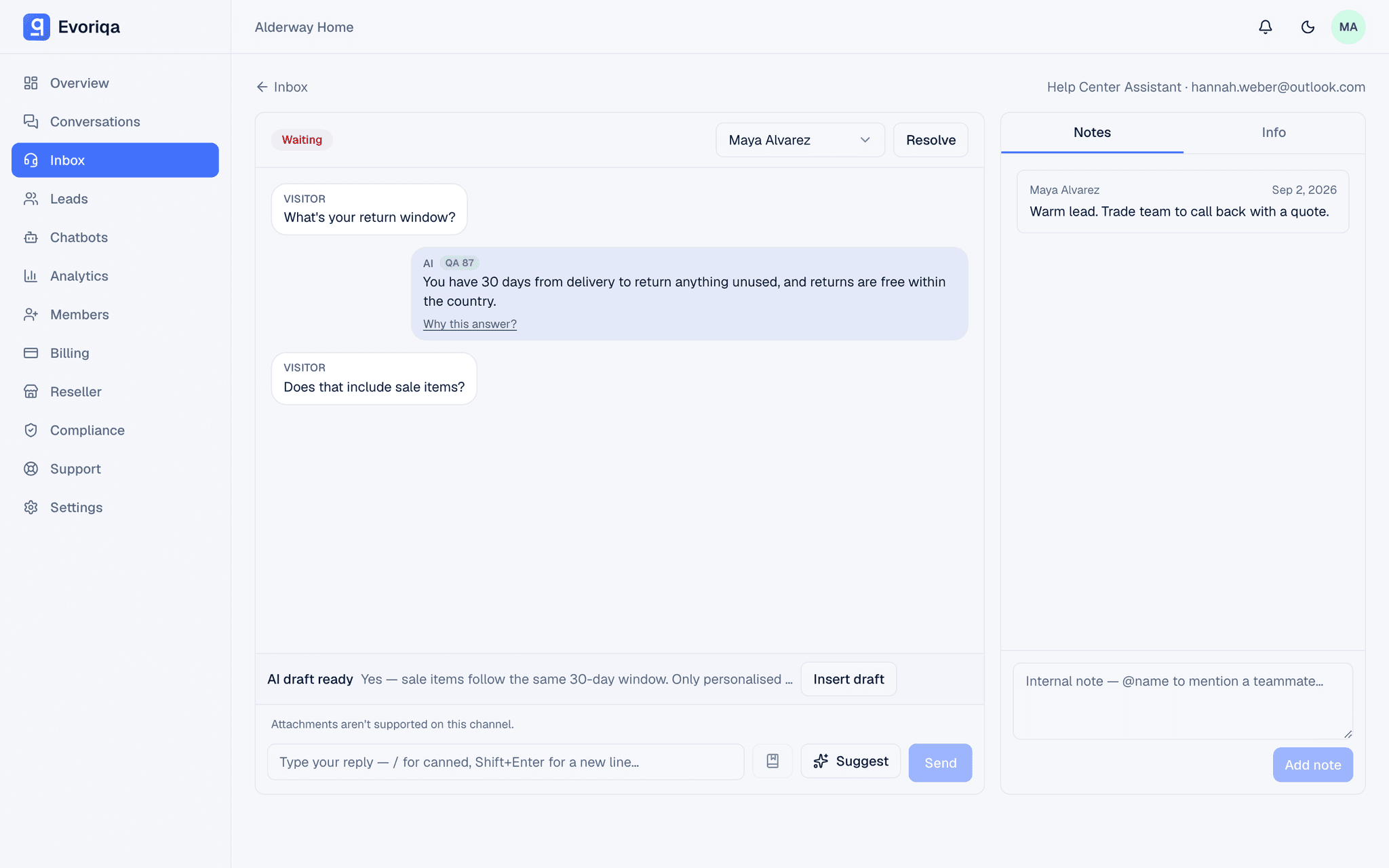 An Evoriqa answer with its Live AI QA score in the inbox