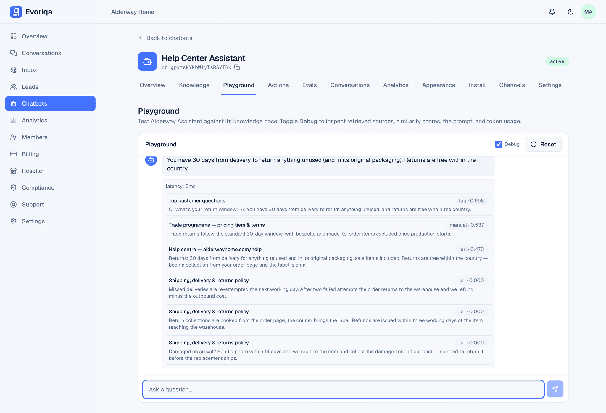 Grounded answers, with sources in the Evoriqa dashboard