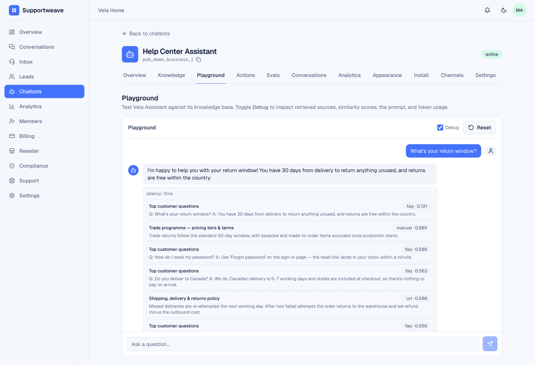 Evoriqa playground showing a test question, the grounded answer, and the knowledge sources it drew from