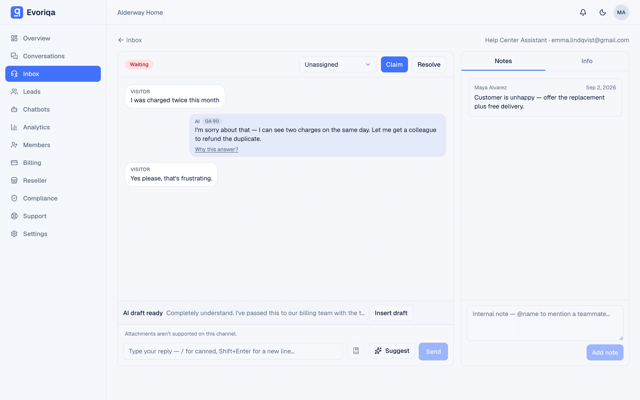 Shadow mode in the Evoriqa dashboard