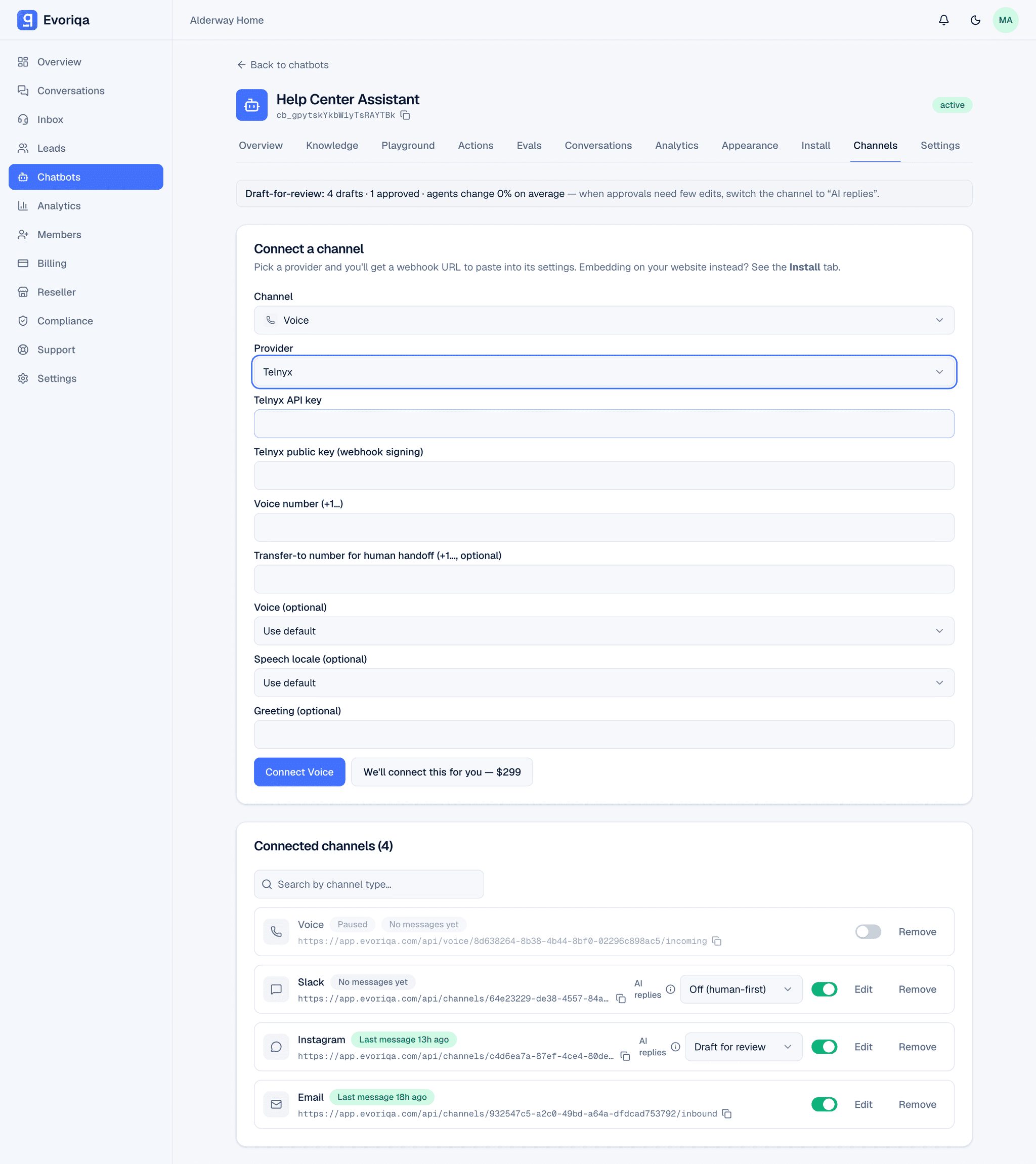 The Evoriqa app connecting a Voice channel: provider Telnyx, a voice number and a transfer-to number for human handoff, with the phone line already live in the connected channels list